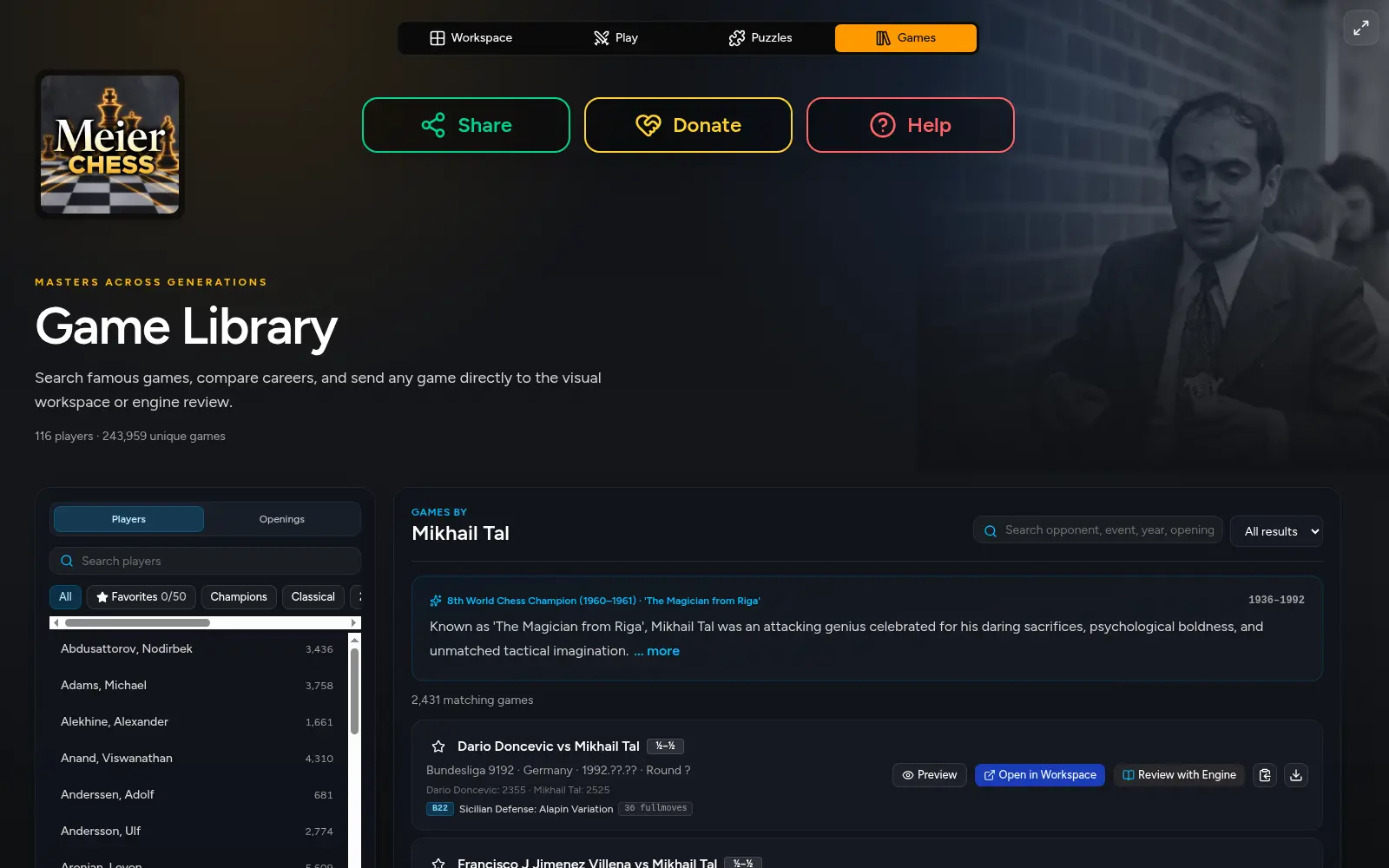 The Meier Chess Game Library showing player filters, Mikhail Tal's biography, searchable games, and review controls.