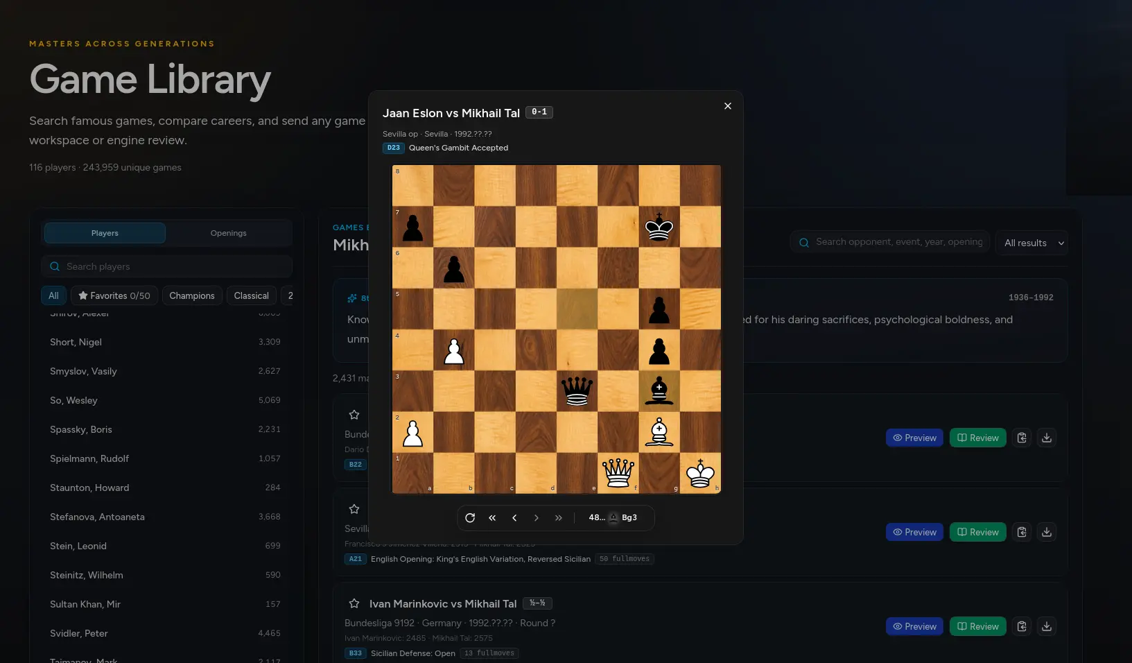 A famous game opened in the Meier Chess library preview with a playable board and move navigation.