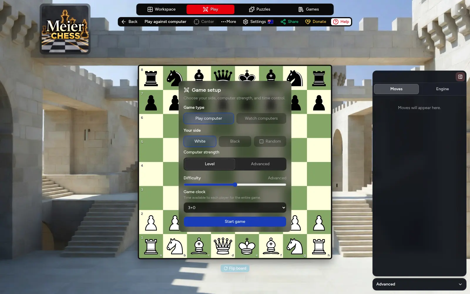 The Meier Chess game setup over the playable board, with game type, side, computer strength, thinking time, and chess-clock controls.