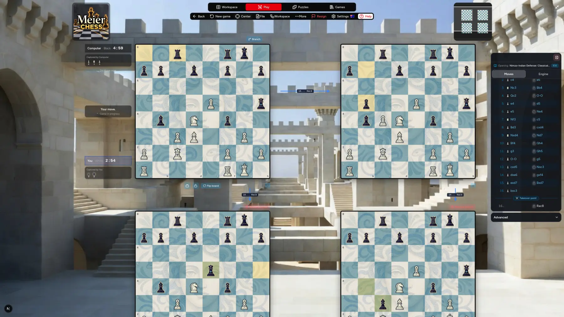 Meier Chess Branch World displaying four connected continuations from one game position.