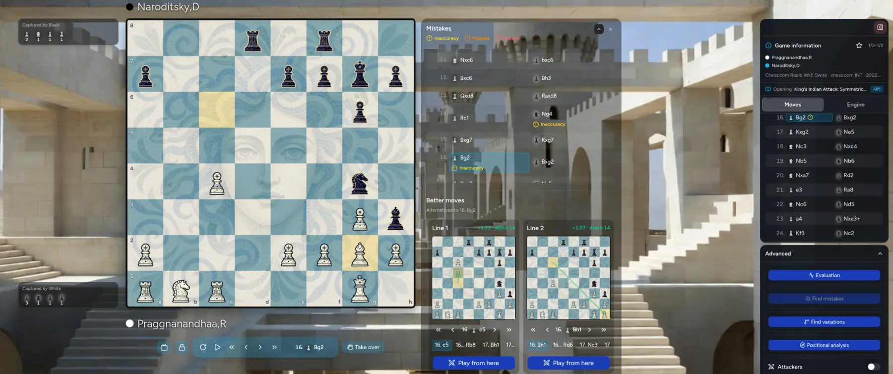 Meier Chess identifying inaccuracies and presenting stronger alternative lines on interactive boards.