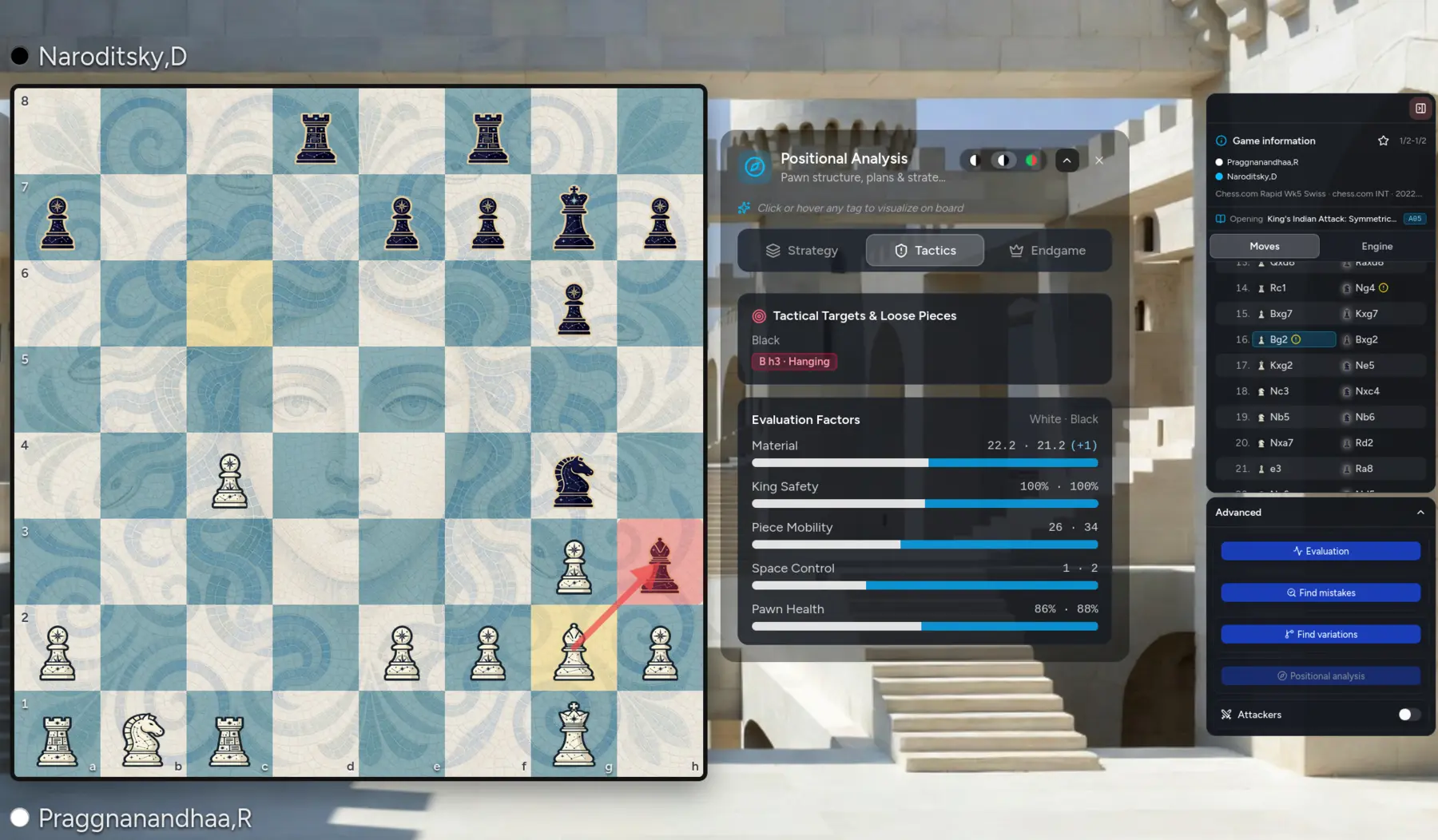 Meier Chess explaining tactical targets and comparing positional evaluation factors beside the active board.