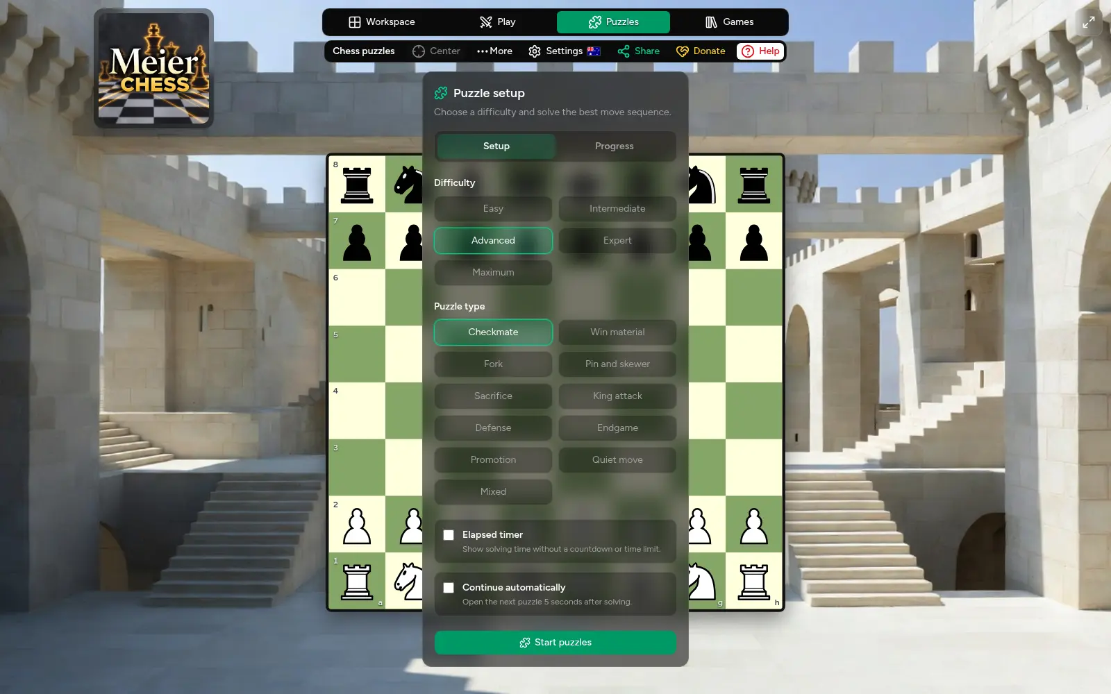 The Meier Chess puzzle setup showing five difficulty levels, tactical categories, timing, automatic continuation, and progress controls.