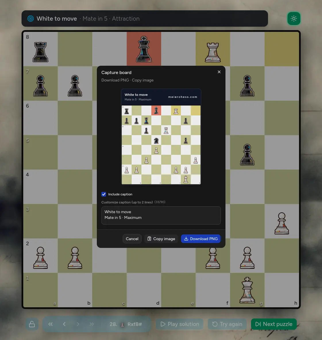 The Meier Chess board capture dialog showing a branded puzzle image, editable caption, copy control, and PNG download.