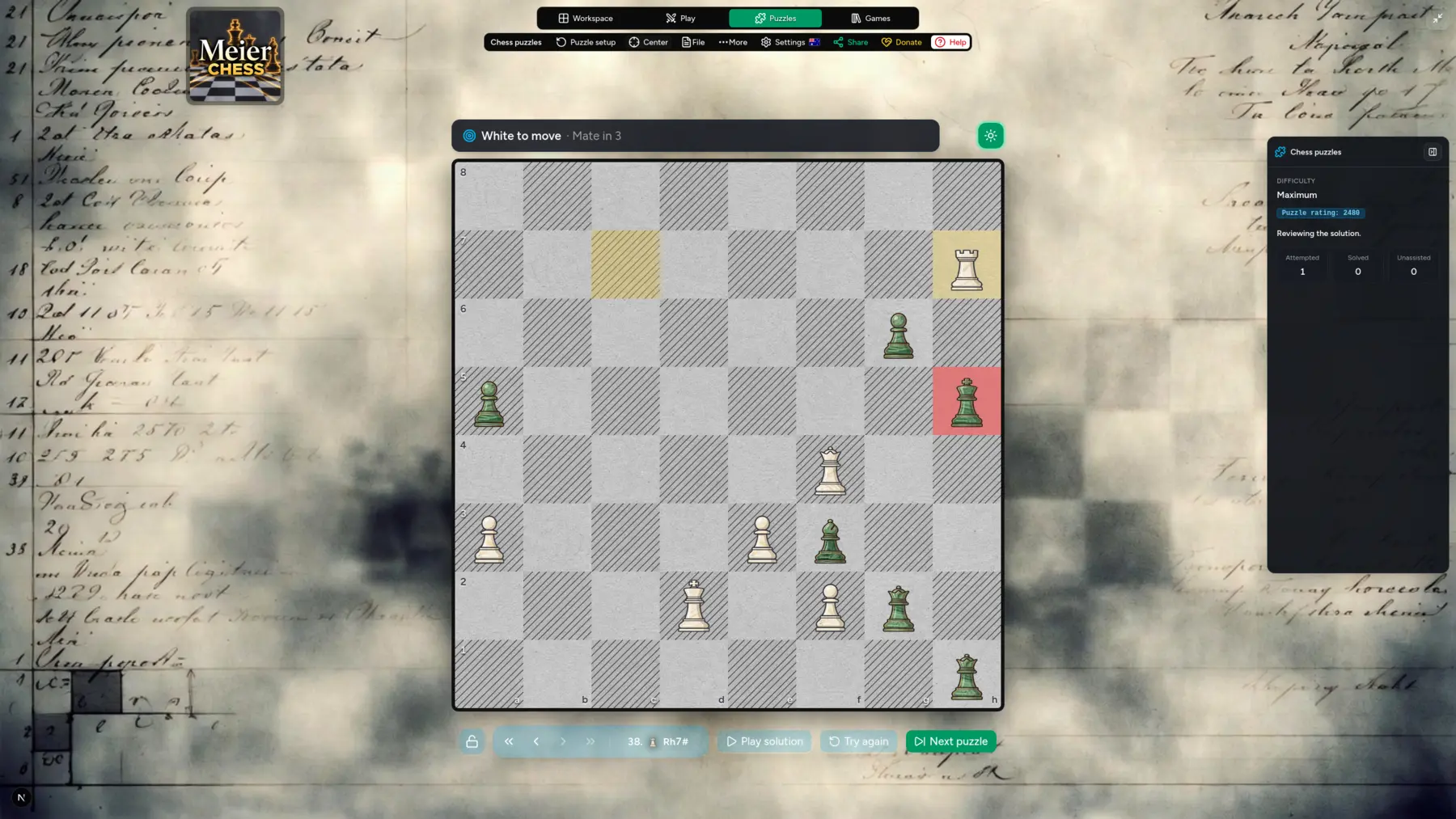 A Meier Chess mate-in-three puzzle in solution review, with controls to play the solution, try again, or move to the next puzzle.