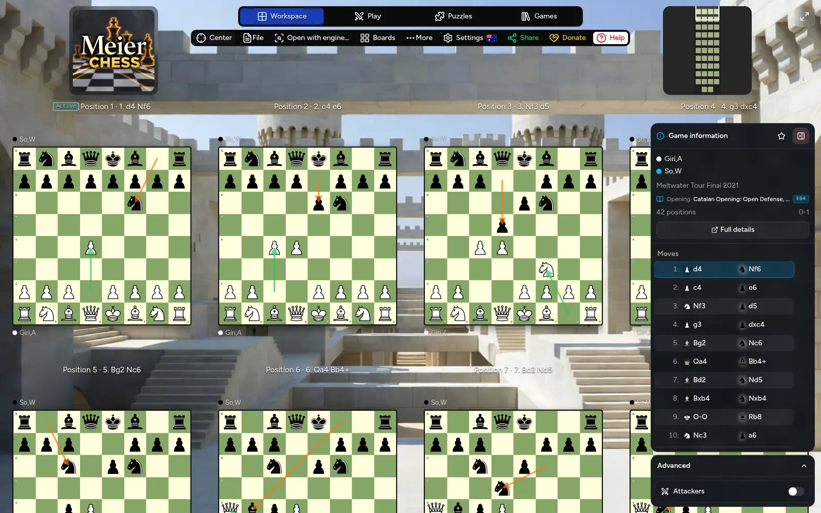 The Meier Chess workspace showing many connected positions from one game, automatic move arrows, the minimap, and game information.